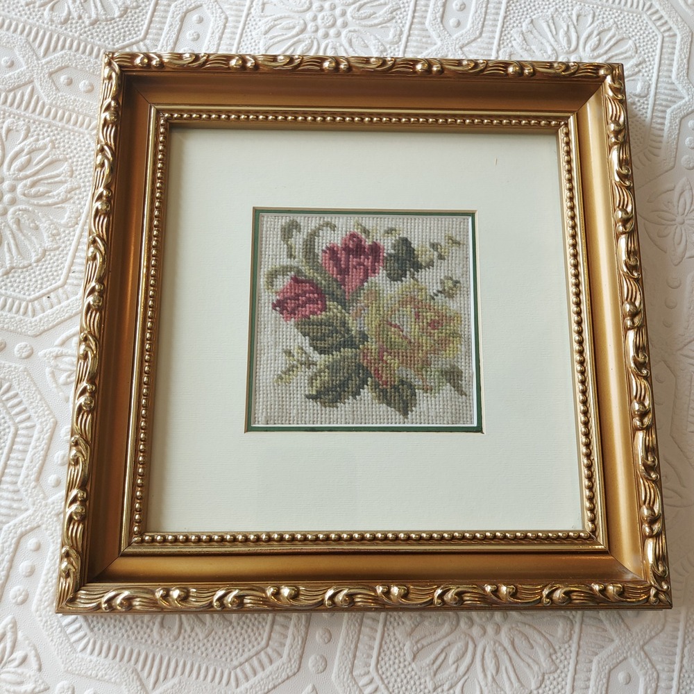 Vintage Floral Needlepoint Framed Art Gold Ornate Square Rose Bouquet 9.75"
